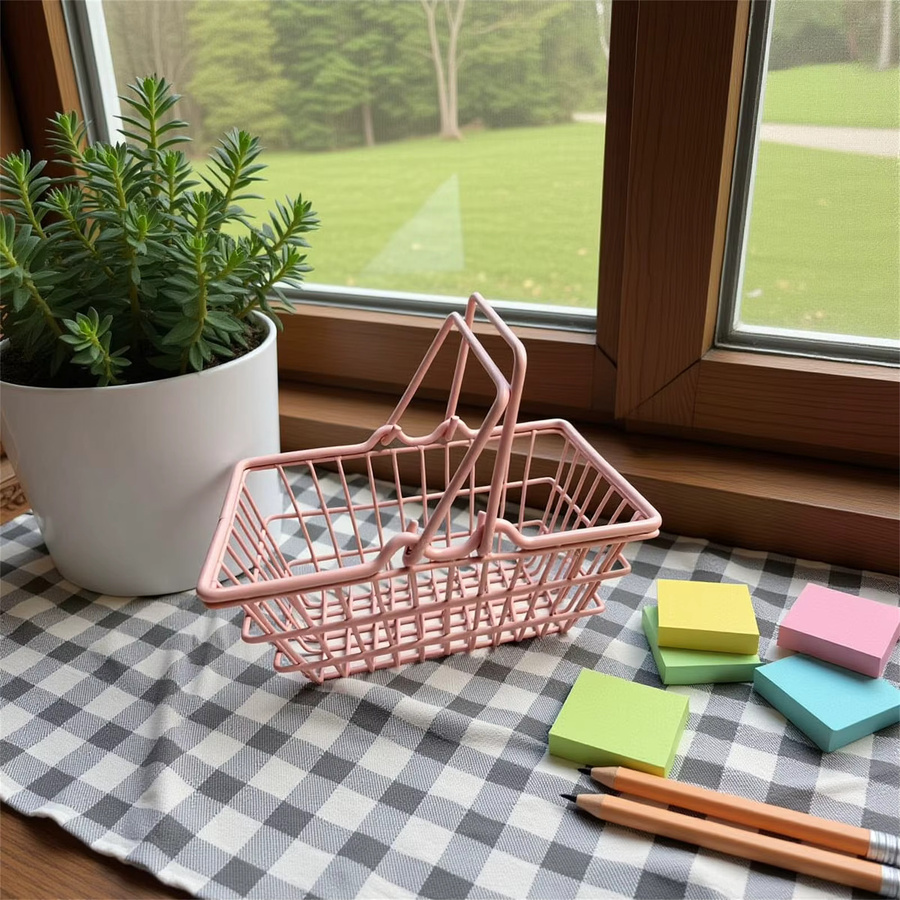 Mini-Handheld-Einkaufskorb als Desktop-Aufbewahrungsbehälter und Zimmer-Organizer im nordischen Stil mit Griff aus Metall in Weiß oder Pink - Bild 2