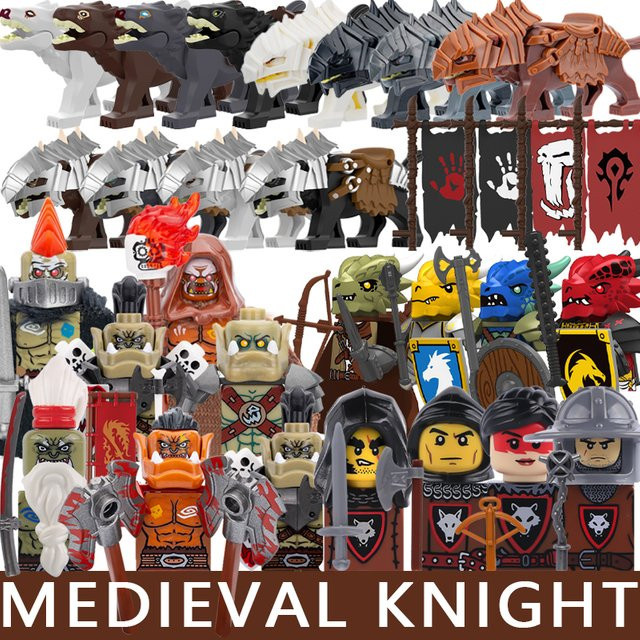 BRICKPANDA Mittelalterliche Burg Soldat Figuren, Bausteine, Ritter, Ork, Krieger, Drache, Wolf, Tiere, Kampf, Flaggen, Zubehör - Bild 1