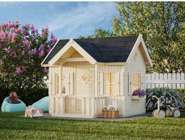 Palmako Spielhaus Jennie aus Fichtenholz in Braun mit integrierter Terrasse und Satteldach, B/H/T: 233 x 219 x 157 cm - Bild 1