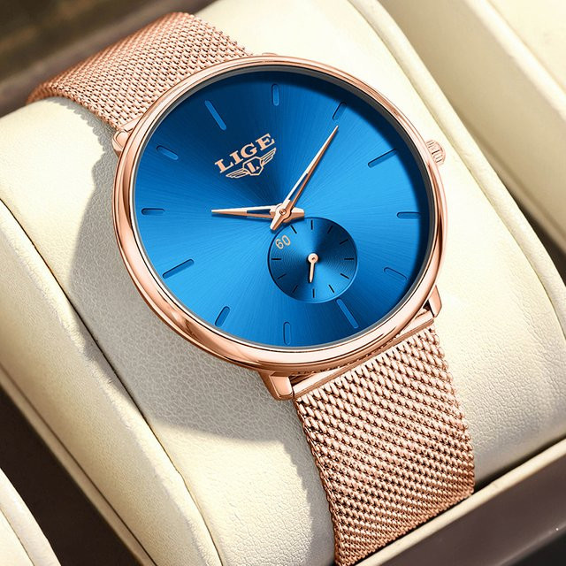 LIGE Armbanduhr Quarz, Rund, Blau, Silber, Roségold, Damen - Bild 1