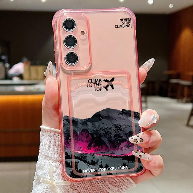 Handyhülle mit Kartenfach und Geldbörsenetui für Samsung Galaxy S25 S24 S23 S22 Ultra FE A55 A35 A15 A16 A56 mit Flugzeug Berg Druck in Pink und Transparent - Bild 1