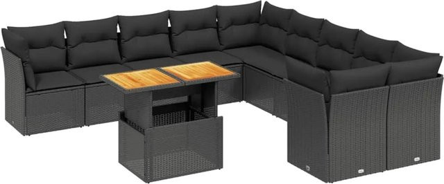 vidaXL 11-teilige Garten-Sofagarnitur aus Polyrattan in Schwarz mit Kissen und Tisch, L-Form - Bild 1