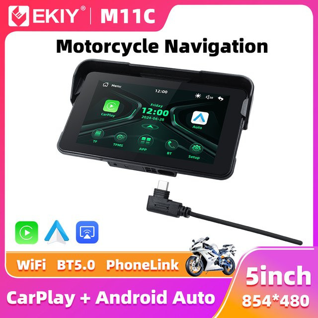 EKIY 5-Zoll Wireless CarPlay und Android Auto tragbarer GPS-Navigationsbildschirm für das Motorrad in Schwarz - Bild 1
