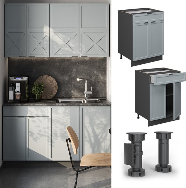 Vicco Schubunterschrank Fame-Line in Anthrazit und Hellblau-Grau mit Arbeitsplatte in Marmor-Weiß, Breite: 60 cm - Bild 1