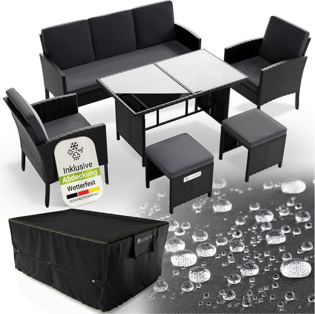 Juskys Polyrattan Gartenmöbel Sitzgruppe Turin Set 6-teilig mit Tisch und Abdeckung in Schwarz - Bild 1