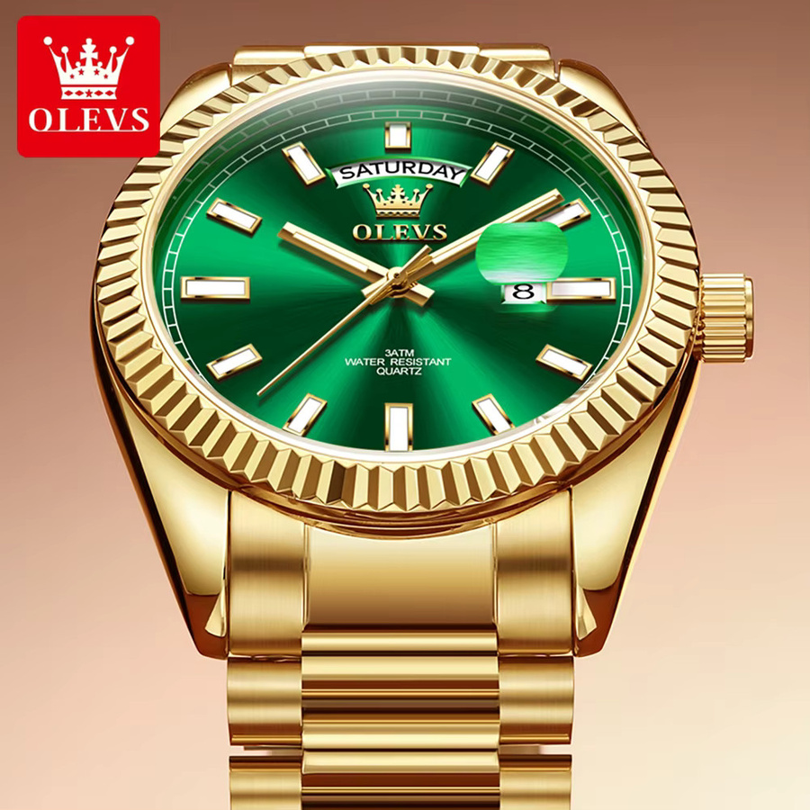OLEVS Armbanduhr Quarz, Edelstahl, Gold, Grün, Herren - Bild 3