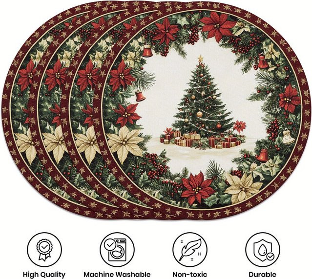VIKAMA 4er-Set Weihnachts-Tischsets mit Weihnachtsmann-Motiv, Glocken und Stechpalmenblättern in Mehrfarbig - Bild 1
