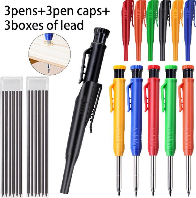 JOMPENS Tiefloch-Tischlerbleistift-Set mit 2,8 mm Minen in Gelb und Multicolour für Holzbearbeitung und Markierungen, 9-teiliges Set bestehend aus 3 Stiften, 3 Minen und 3 Kappen - Bild 1