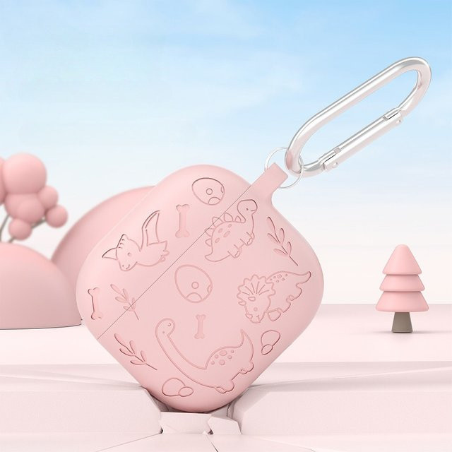 Apple Silikon Schutzhülle mit Dinosaurier-Muster für AirPods 4 und AirPods 3 in Pink inklusive Schlüsselanhänger - Bild 1