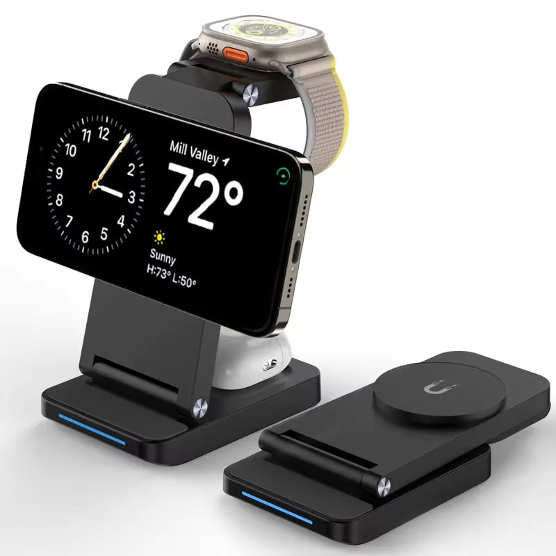 TIMESS 3-in-1 faltbarer magnetischer kabelloser Ladeständer für iPhone und Smartwatch in Schwarz - Bild 4