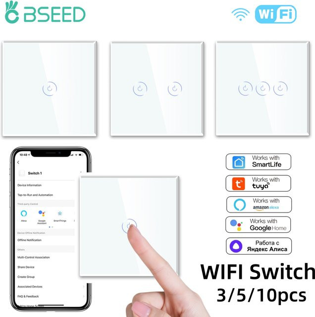 BSEED WIFI Smart-Lichtschalter mit Glaspanel in Weiß für Tuya Smart Life App, moderner WLAN-Wandschalter als 1/2/3-fach Ausführung - Bild 1