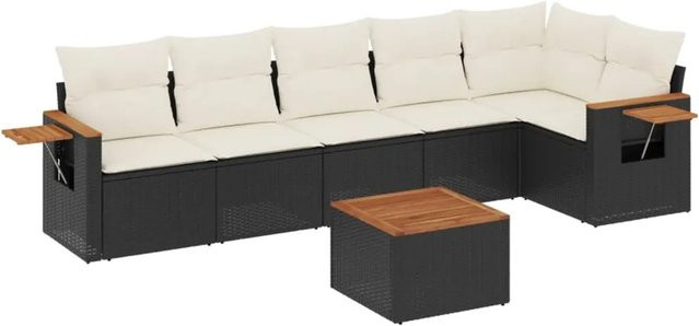 vidaXL 7-teilige Garten-Sofagarnitur in L-Form aus schwarzem Poly-Rattan mit Kissen und Akazienholz - Bild 1