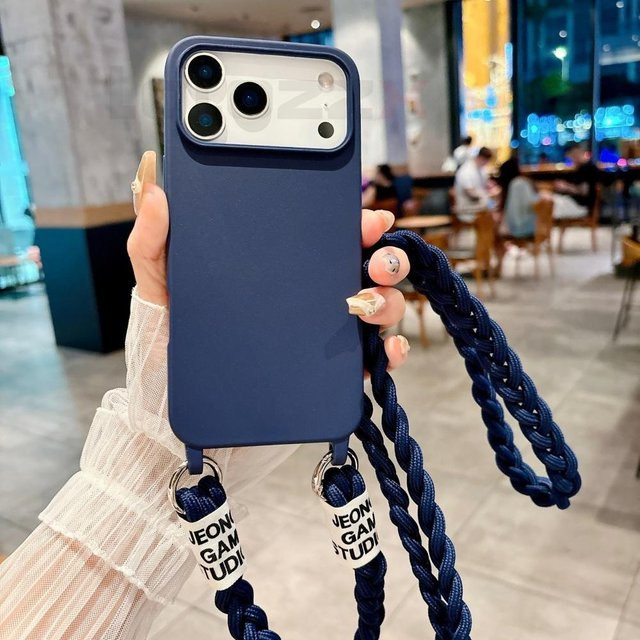 Weiche Crossbody Strick-Lanyard Handyhülle für Apple iPhone 17 Pro Max 16 15 14 13 12 Mini in Multicolor und Blau - Bild 1