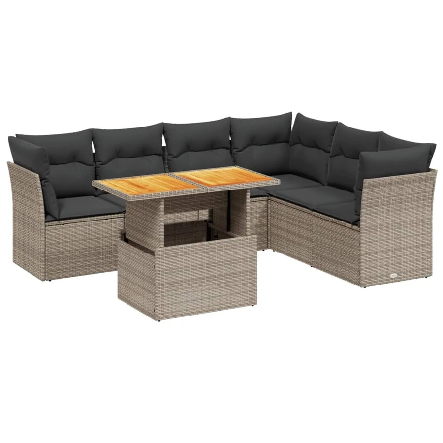 vidaXL 7-teilige Garten-Sofagarnitur aus Poly-Rattan und Akazienholz in Grau mit Kissen - Bild 2