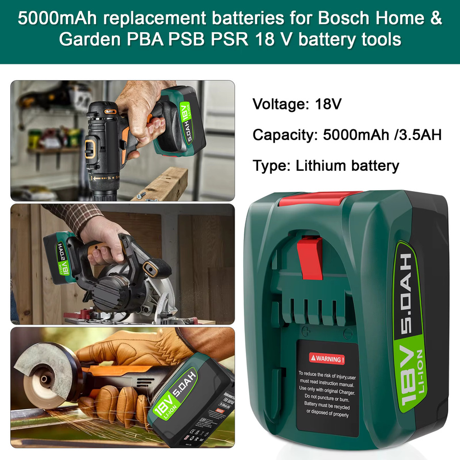 Bosch PBA 18V Lithium-Ionen Ersatzakku mit 3,5 Ah in Grün für kabellose Bohrer und Werkzeuge der Power & Garden Serie - Bild 3