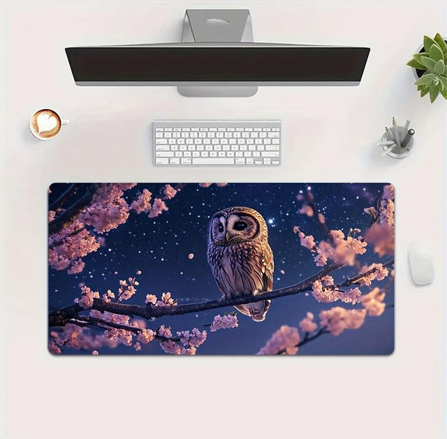 Mauspad mit Eulen- und Pflaumenblüten-Design in Multicolour mit rutschfester Gummiunterseite für Büro und Zuhause - Bild 1