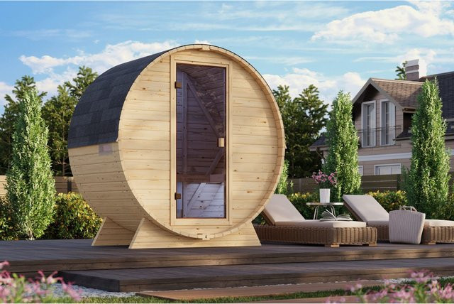 Karibu Fasssauna Keila S Set natur mit 3,6 kW Saunaofen - Bild 1