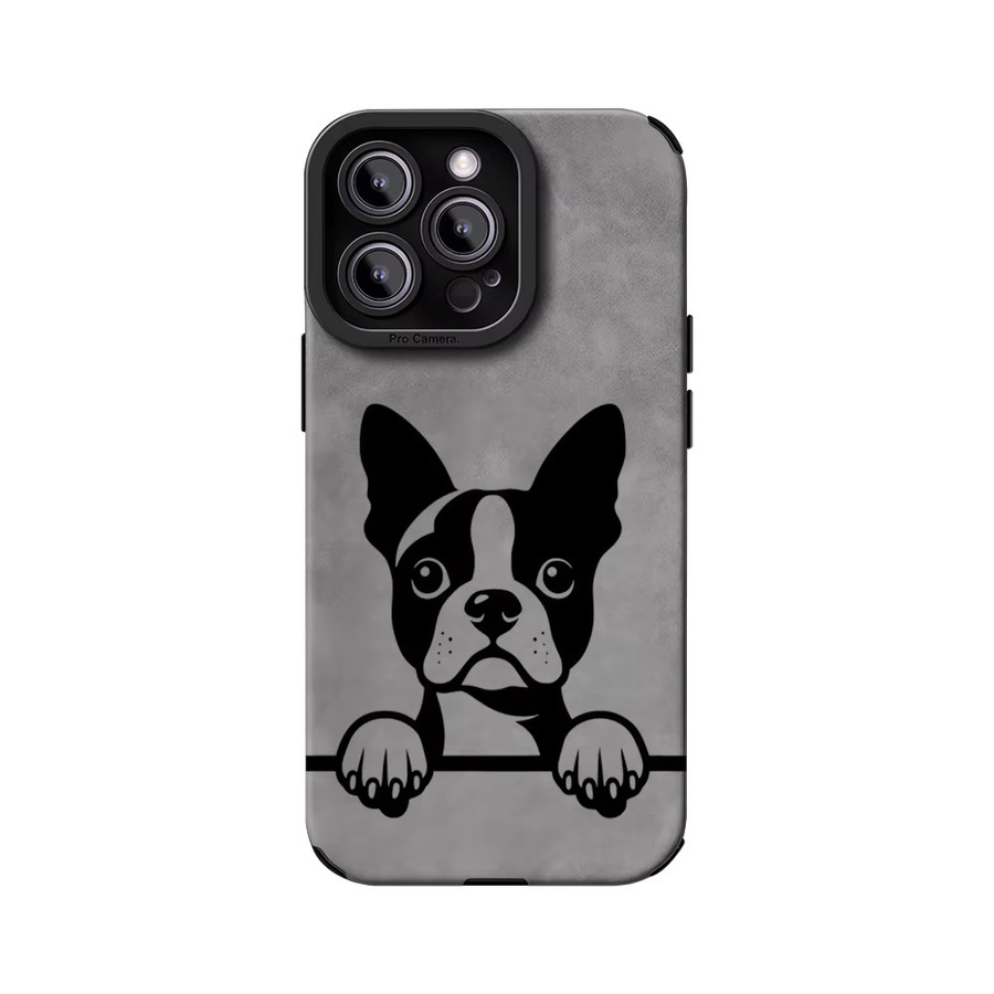 Potdemiel Leder-Lammfell-Handyhülle mit Boston Terrier Motiv für iPhone 17 16 Pro Max 15 14 13 Max in Schwarz oder Grau - Bild 3