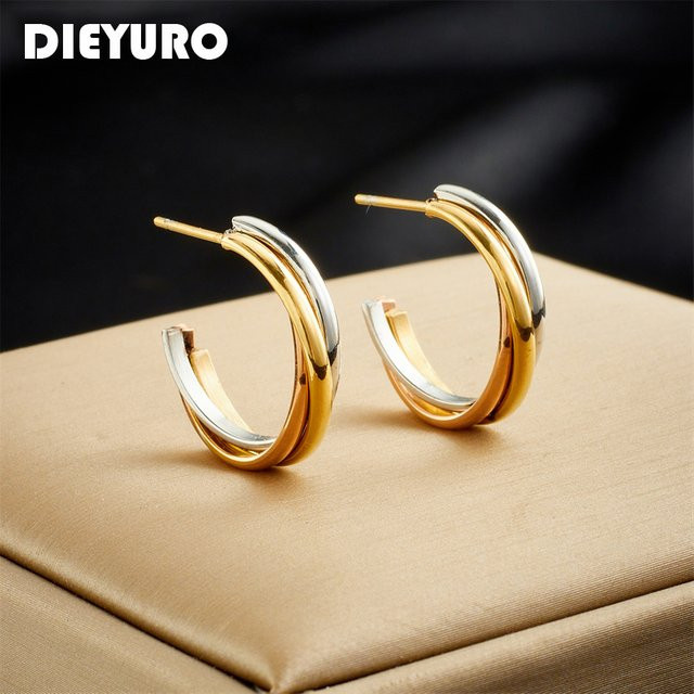 DIEYURO Ohrringe, 316L Edelstahl, 3-Farbe, C-Form, Damen - Bild 1