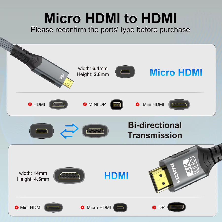FDBRO Micro HDMI auf HDMI Adapter Kabel, 4K @ 60 Hz, 18 Gbit/s, bidirektionaler Konverter, Schwarz - Bild 3