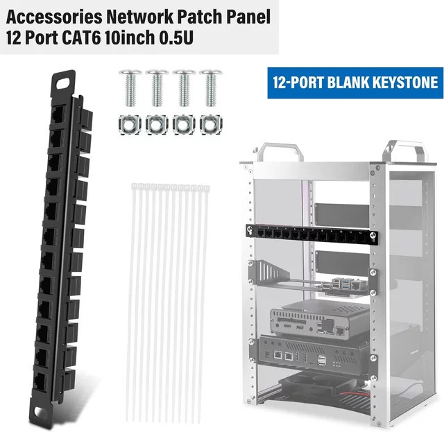 DeskPi RackMate 12-Port CAT6 Netzwerk-Patchpanel 10 Zoll, 0,5U, Schwarz - Bild 1