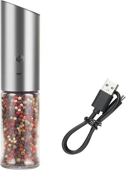 Weihexin Elektrische Salz- und Pfeffermühle in Grau, wiederaufladbare USB-Gewürzmühle aus Edelstahl und Glas mit einstellbarer Grobheit - Bild 1