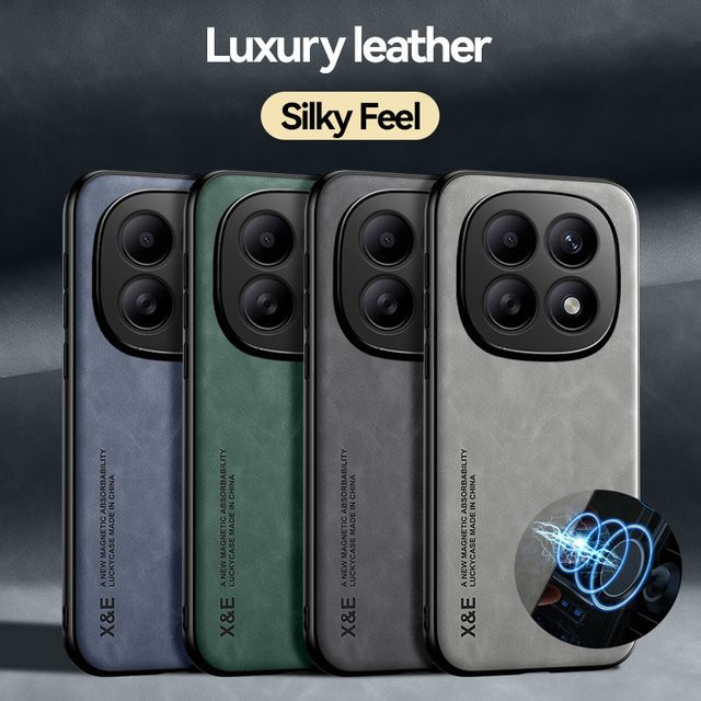 Luxus Ledertasche für Redmi Note 15 14 13 Pro Plus mit Metallplatte für Auto-Halterung in Grau - Bild 1