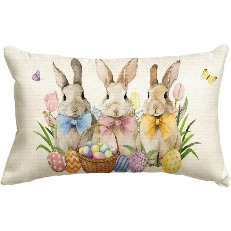 VIKAMA Kissenbezug mit Osterhasen- und Eierblumen-Motiv, rechteckig, mehrfarbig, Breite: 30 cm - Bild 3