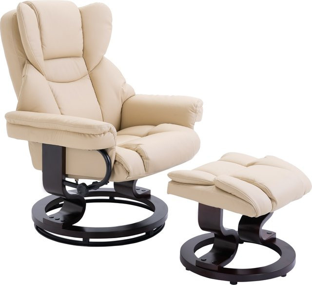 HOMCOM Relaxsessel mit Hocker in Creme, drehbarer Fernsehsessel mit Liegefunktion aus Kunstleder und Metallgestell - Bild 1