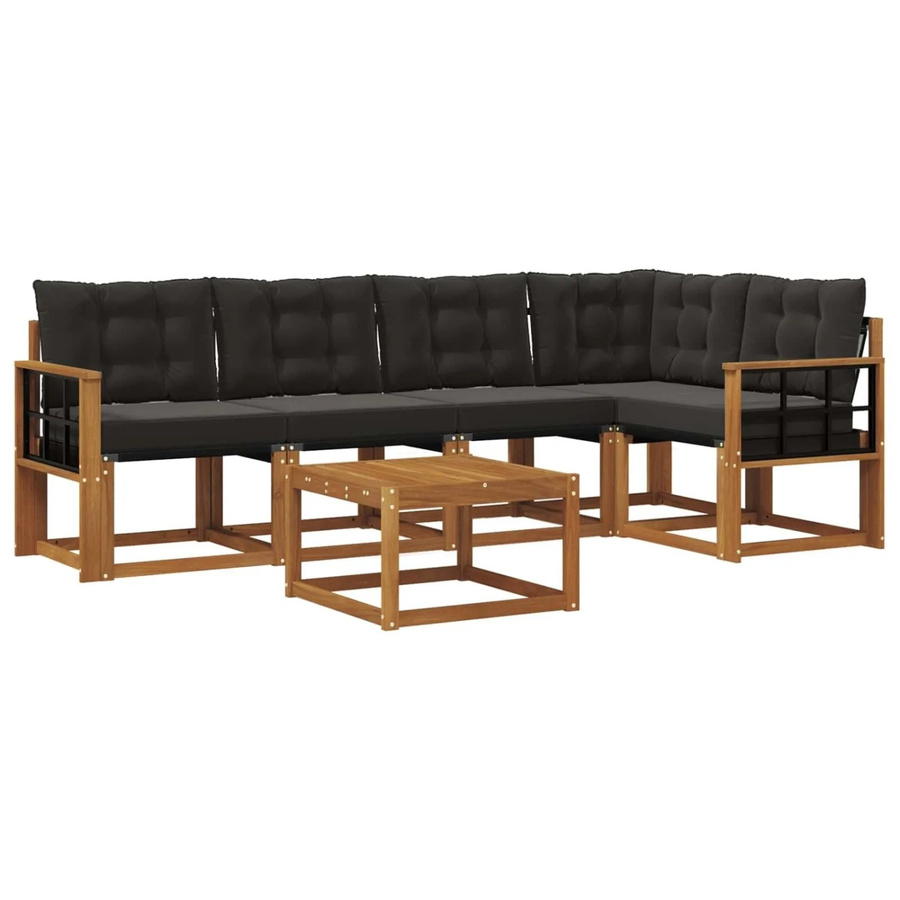vidaXL Outdoor-Sofagarnitur 6-teilig aus Akazienholz und Textilene in Schwarz und Natur mit Kissen und Armlehnen - Bild 2
