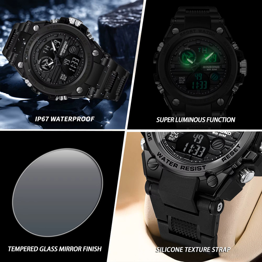 BINBOND Chronograph, Quarz, Schwarz, Silikon, Herren - Bild 6