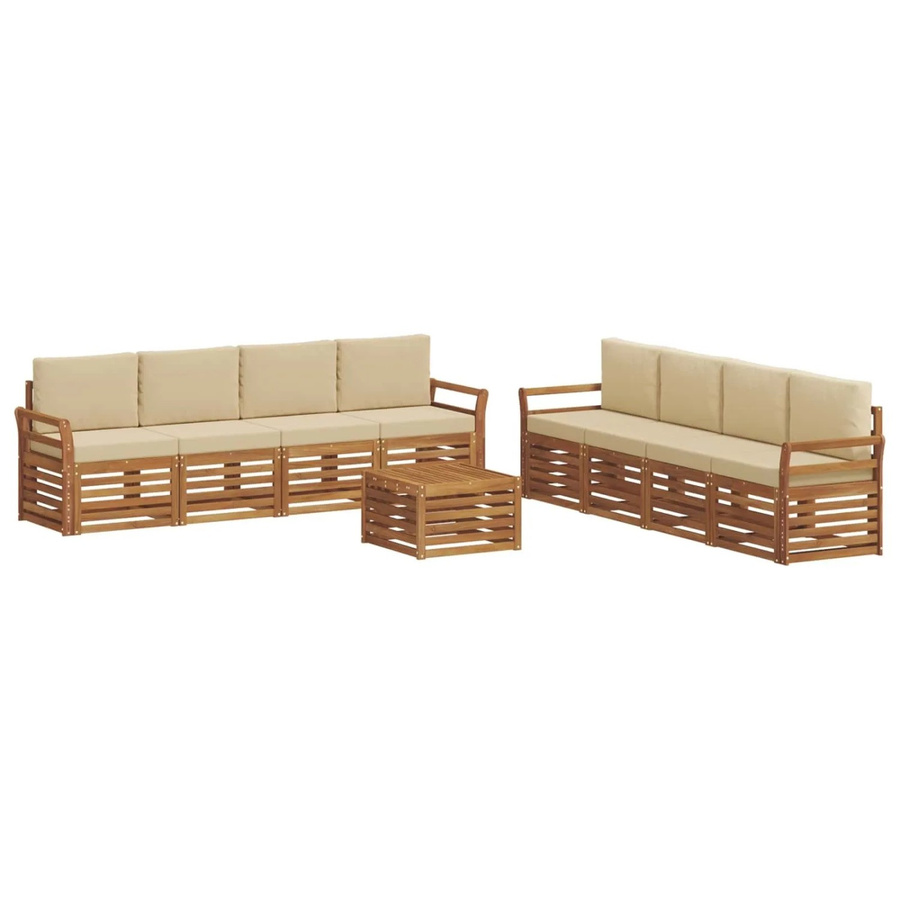 vidaXL Sofagarnitur aus Massivholz Akazie in Natur und Beige, 9-teiliges Set mit Tisch und Polstersesseln im modernen Latten-Design - Bild 2
