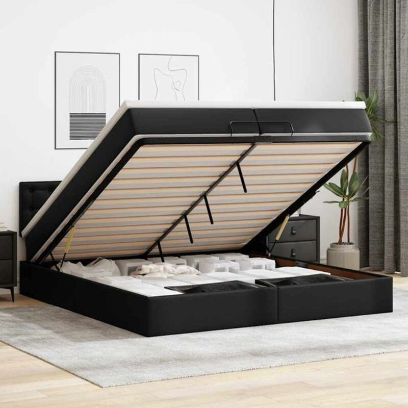 vidaxl Ottoman Polsterbett mit Matratzen und LED in Schwarz aus Kunstleder B/T: 200 x 200 cm - Bild 1