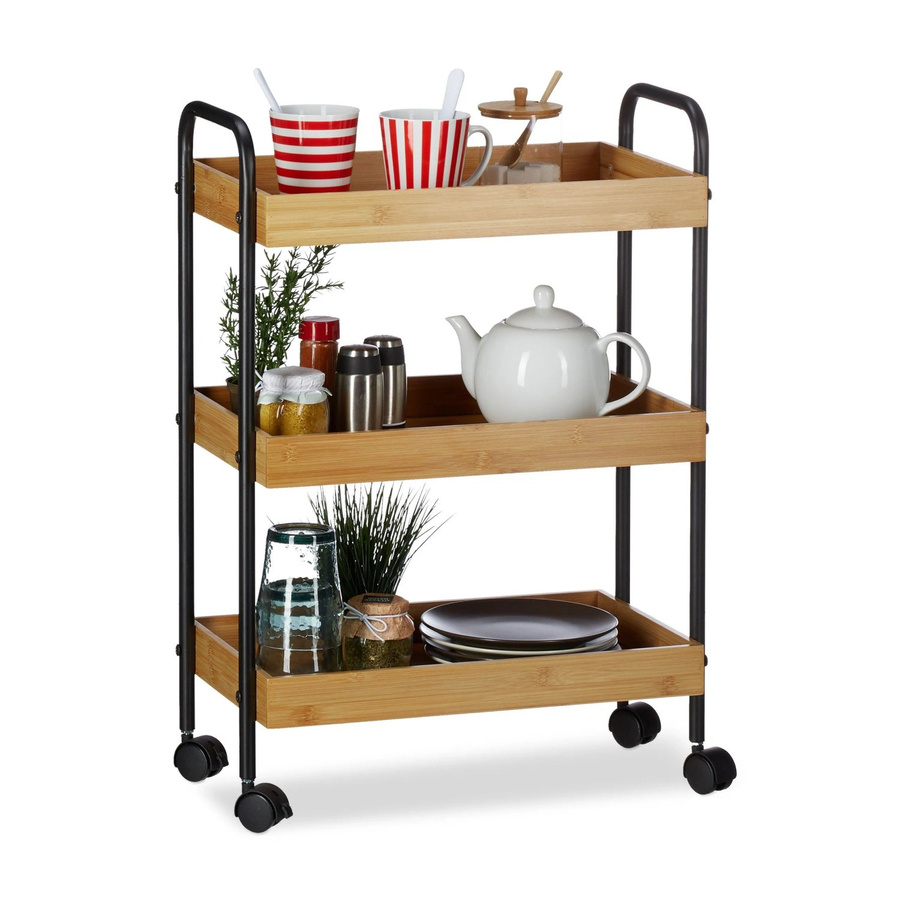 Relaxdays Rollwagen aus Bambus und Stahl in Schwarz mit 3 Ablagen, B/T/H: 70 x 50 x 28 cm - Bild 2