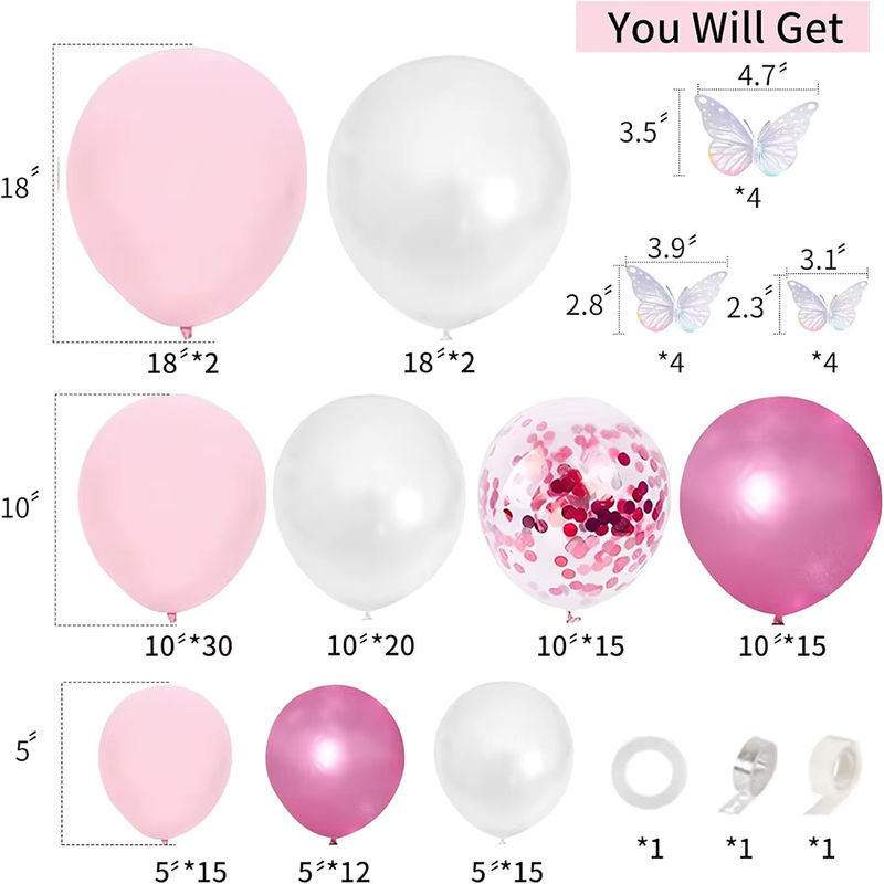 Rosa Ballonbogen-Set mit weißen Konfetti-Ballons aus Metall und 12 Schmetterlingsaufklebern zur Dekoration für Hochzeiten - Bild 5