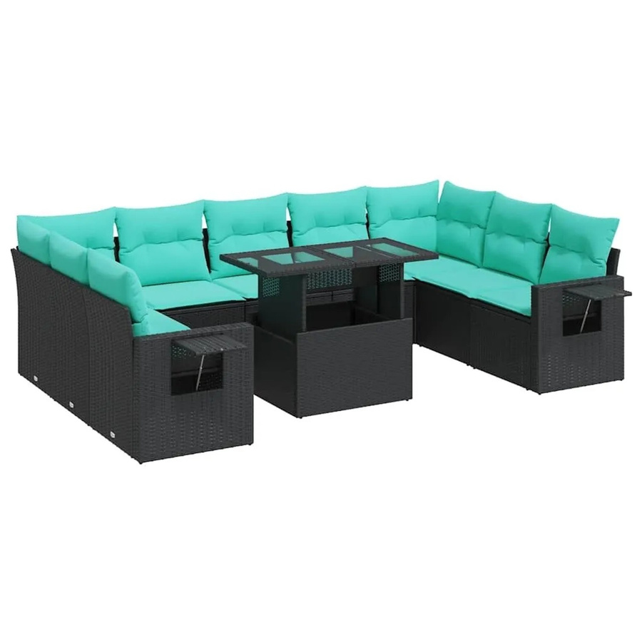 vidaXL 10-teilige Garten-Sofagarnitur aus Poly-Rattan mit Kissen in Schwarz und Blau - Bild 2