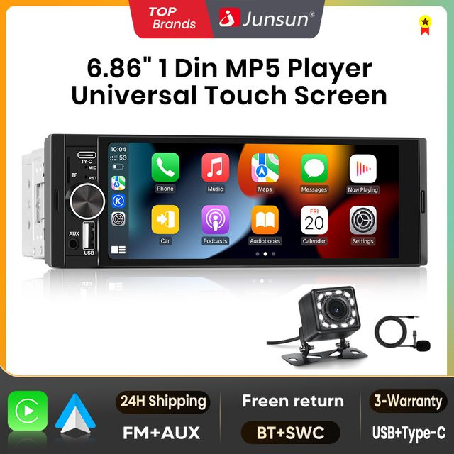 Junsun 1 Din Auto Radio mit 6,86 Zoll Multimedia MP5 Player, Android Auto und Apple CarPlay, Bluetooth, USB-C, FM, Schwarz - Bild 1