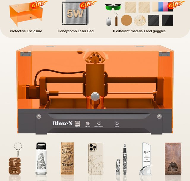 BlazeX M3 5W Laser-Graviermaschine Klasse 1 mit Wabenbett, Schutzgehäuse und Materialset für Holz, Metall, Glas und Leder - Bild 1