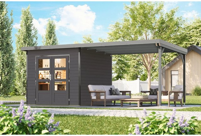 Karibu Gartenhaus Domingo 3 B mit Verlängerung in Grau-Alu - Bild 1