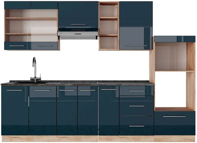 Vicco Küchenzeile Fame-Line Eiche Dunkelblau Hochglanz mit Arbeitsplatte Anthrazit Breite: 280 cm, Höhe: 82 cm, Tiefe: 60 cm - Bild 2