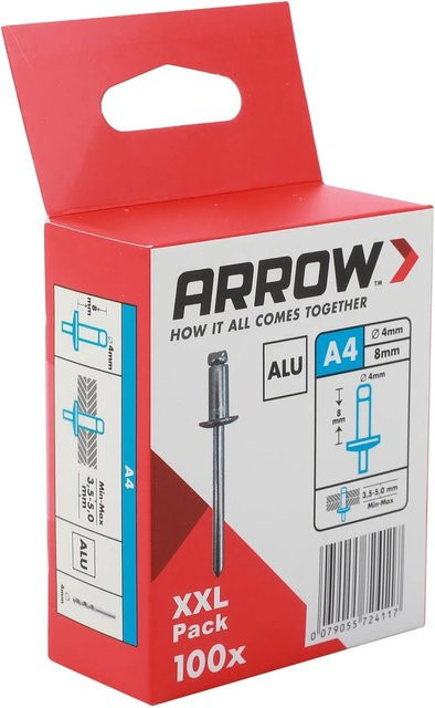 Arrow Blindniete aus Aluminium in Silber, Durchmesser: 4 mm, Länge: 8 mm, 100 Stück - Bild 1