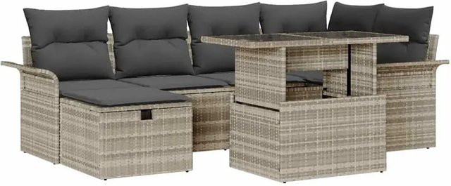 vidaXL Garten-Sofa-Set aus Polyrattan in Hellgrau, 7-teilige Lounge-Garnitur mit Kissen, Eckelement, Sesseln, Ottoman und Couchtisch für Garten und Terrasse - Bild 1