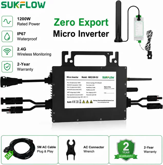 SUKFLOW Zero Expert Netzgekoppelter Mikrowechselrichter 1200W in Schwarz mit WLAN, Bluetooth und MPPT für dein Heimenergiesparsystem inklusive 5m AC-Kabel - Bild 1