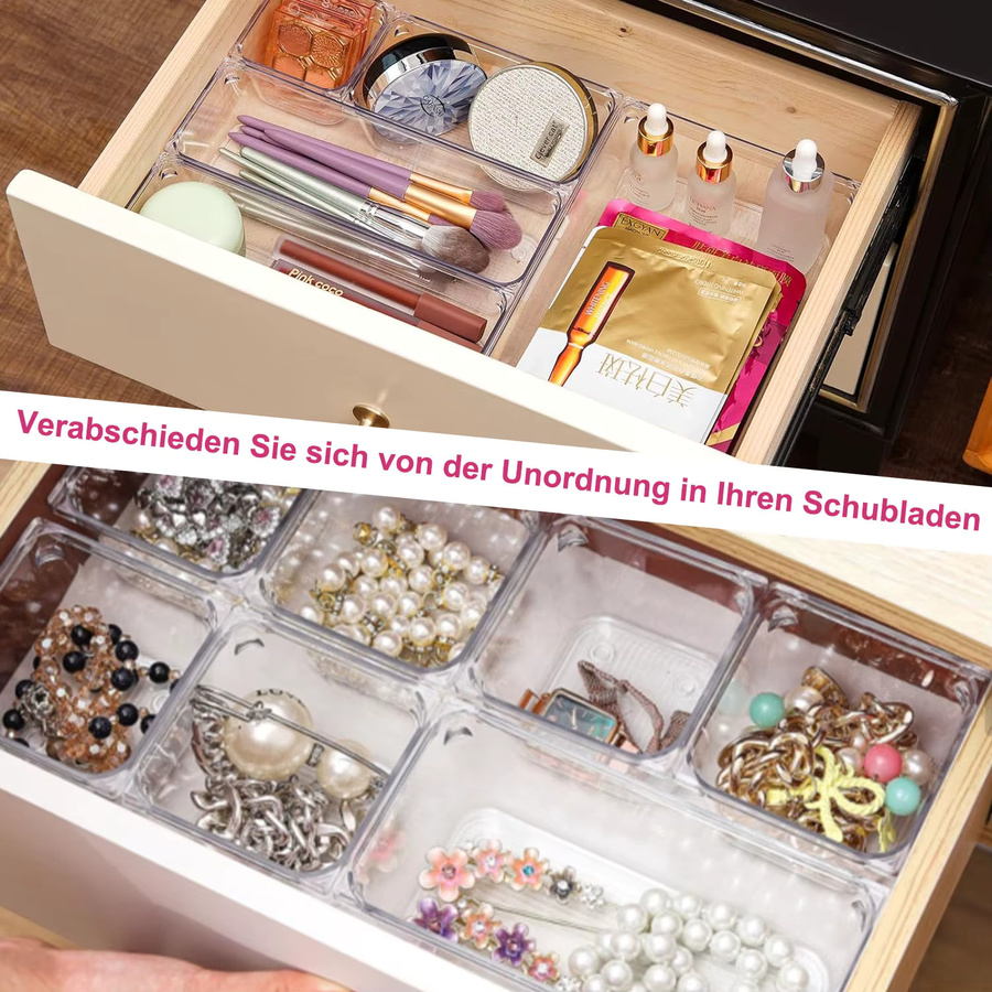 16-teiliger Schubladen-Organizer aus transparentem PET-Kunststoff in 5 Größen, stapelbare Schalen mit Bodenriffelung für Büro, Kosmetik und Küche - Bild 4