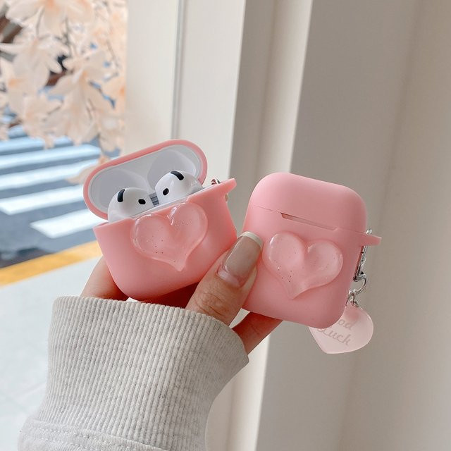 Apple AirPods Schutzhülle aus weichem Silikon mit 3D-Herz-Design und Anhänger in Rosa für AirPods 1, 2, 3, 4 und Pro 2/3 - Bild 1