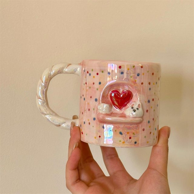 Yiran toy 1 Keramiktasse mit Welpen-Motiv und Herz-Prägung in Pink, Volumen: 350,5 ml - Bild 1