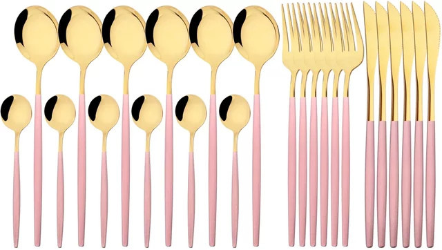 Uniturcky Besteckset aus Edelstahl in Rosa Gold, 24-teiliges Set bestehend aus Messern, Gabeln und Löffeln, poliert - Bild 1