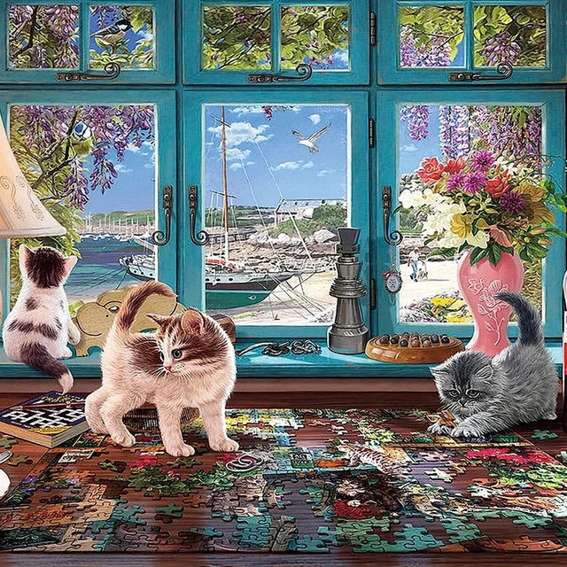 MaxRenard Bay Window Cats Katze Puzzle 1000 Teile - Bild 1