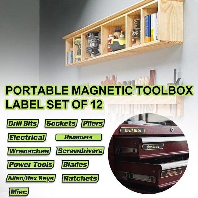 12er Set magnetische Werkzeugkasten-Etiketten aus Metall in Schwarz zur schnellen Identifizierung - Bild 1