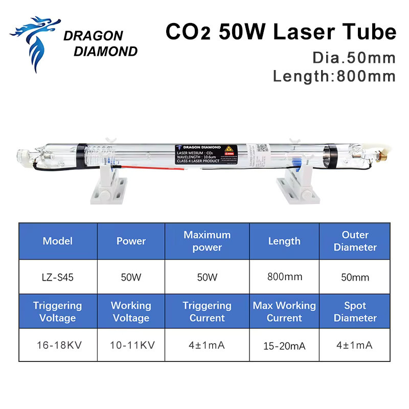 DRAGON DIAMOND 50W CO2-Laserröhre mit Metallkopf Durchmesser: 50 mm, Länge: 800 mm für CO2-Lasergravur- und Schneidemaschinen - Bild 2